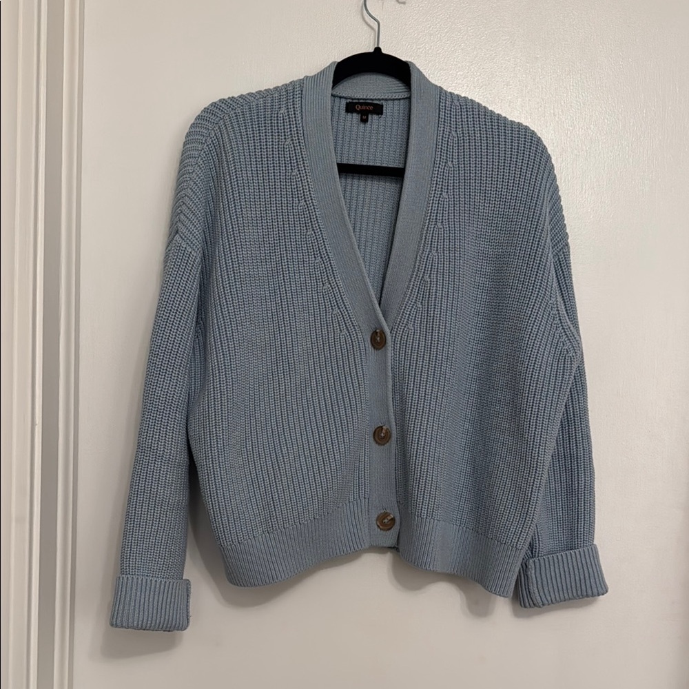 Quince fisherman vneck blue Cardigan Sweater